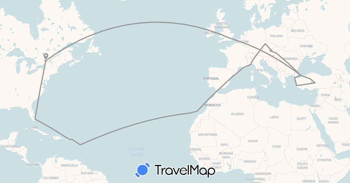 TravelMap itinerary: driving, plane in Austria, Canada, Czech Republic, Spain, France, United Kingdom, Hungary, Italy, Slovakia, Turkey, United States (Asia, Europe, North America)